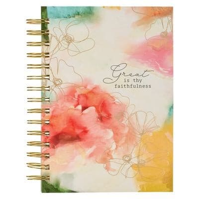 Christian Art Gifts Journal w/Scripture for Women Great Is Thy Faithfulness Watercolor Red/Yellow 192 Ruled Pages, Large Hardcover Notebook, Wire