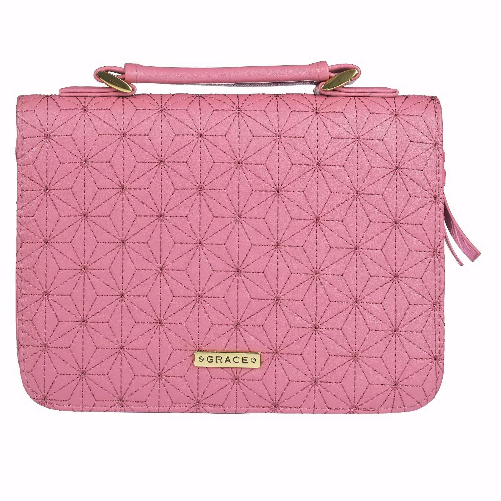Christian Art Gifts Dusty Rose Pink Faux Leather Fashion Bible Cover | Quilted Star Pattern w/Gold Grace Badge | Medium Bible Case Book Cover for Women (B0829F5G9Z)