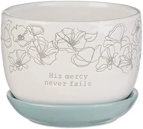 ChristIAN Art Gifts White Ceramic Table Top Bible Verse Planter Pot w/Saucer Tray for Women: His Mercy Never Fails